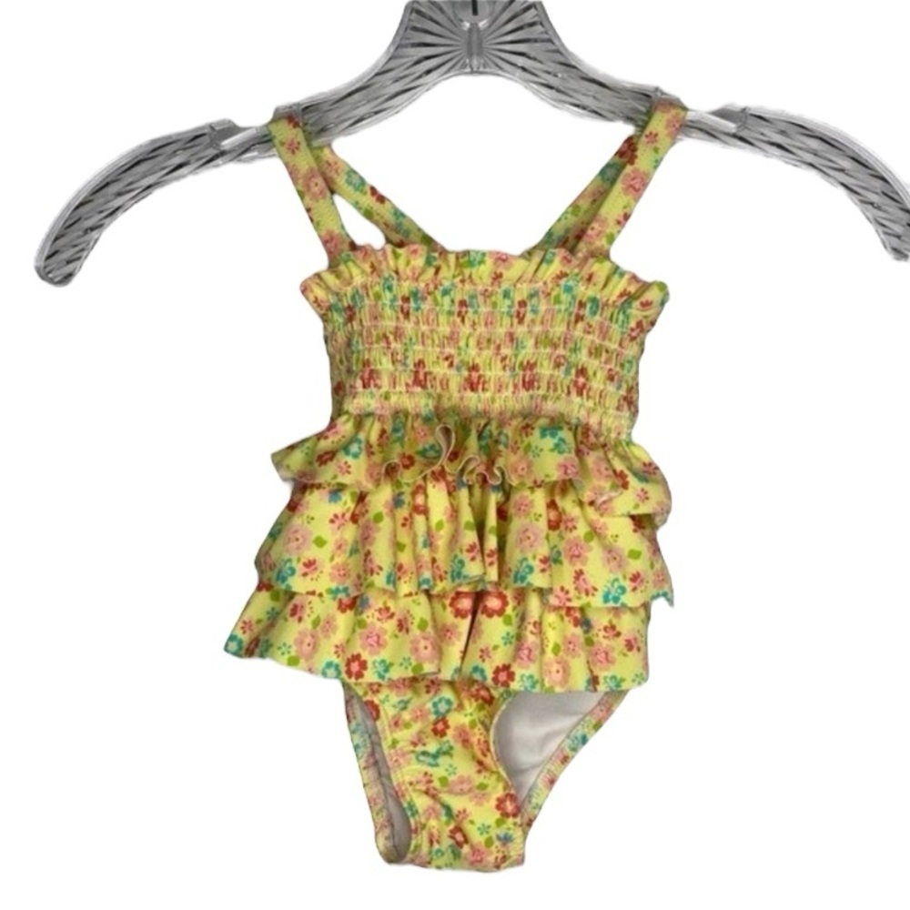 5/$15 Circo Yellow Pink Floral One Piece‎ Swimsuit Ruffles Smocked 12 Months
